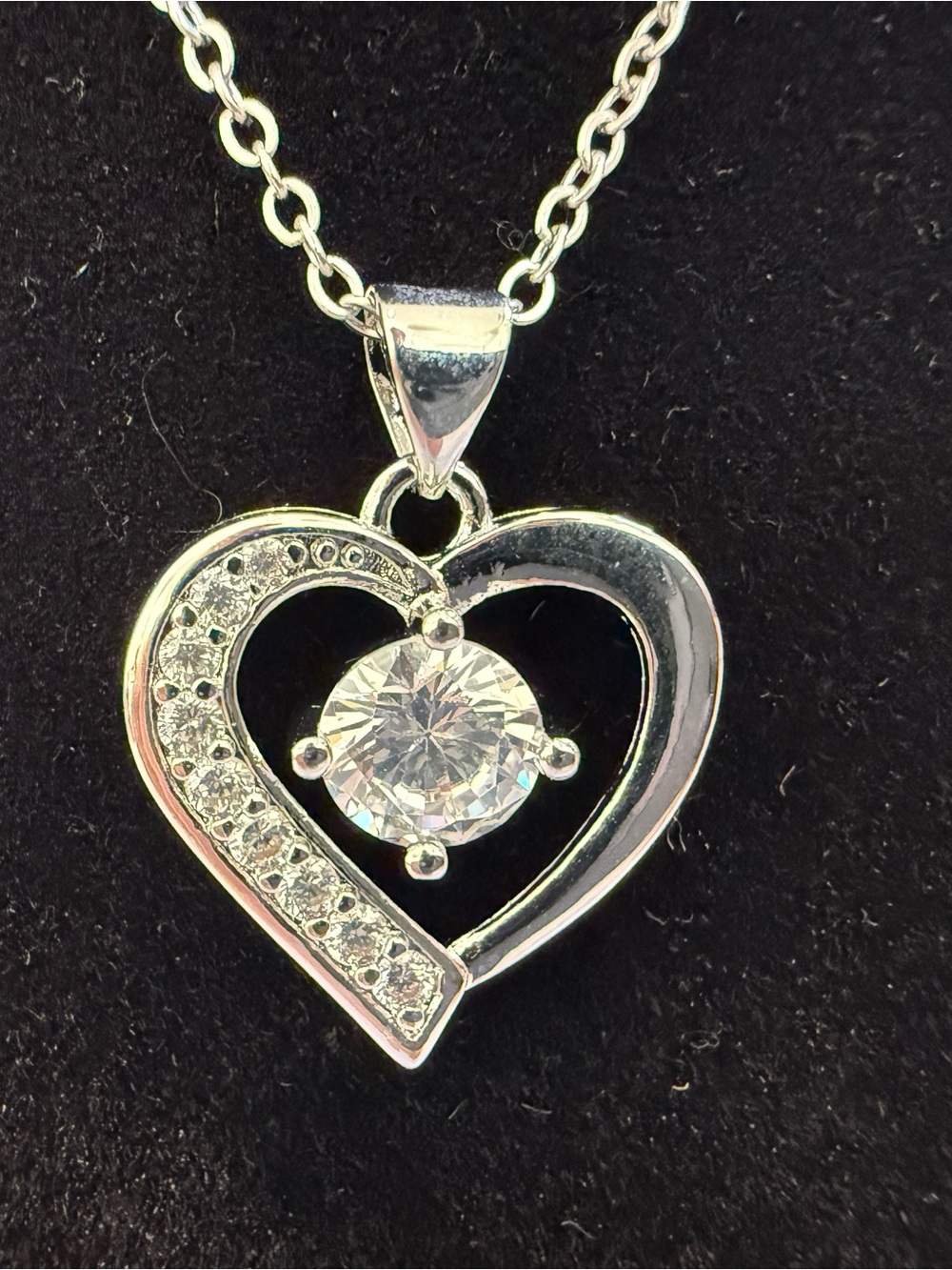 Silver Heart Pendant Necklace with Clear CZ Center